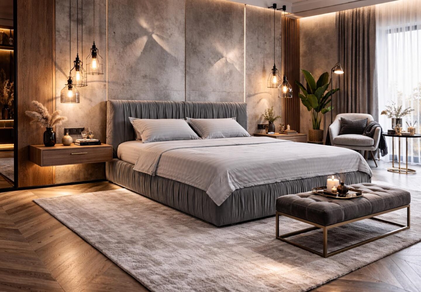 Szare łóżko tapicerowane Nesty ze zmarszczeniami