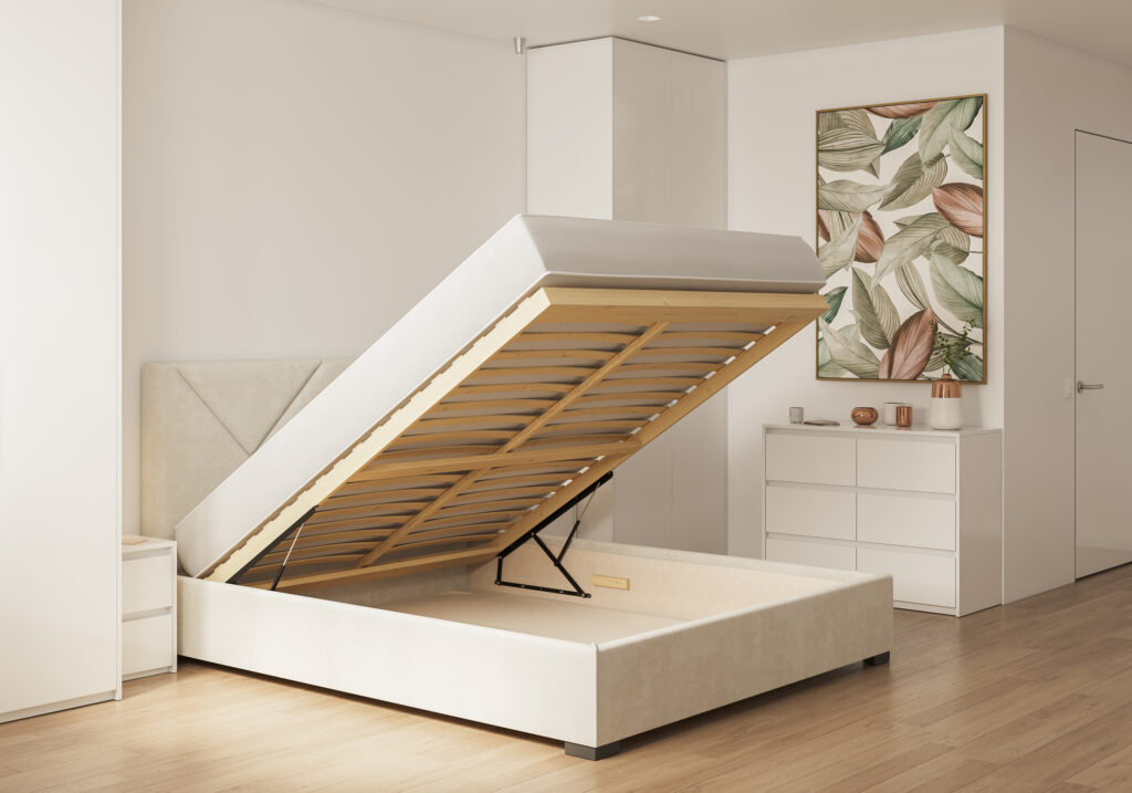 Łóżko tapicerowane z pojemnikiem City - rozłożone