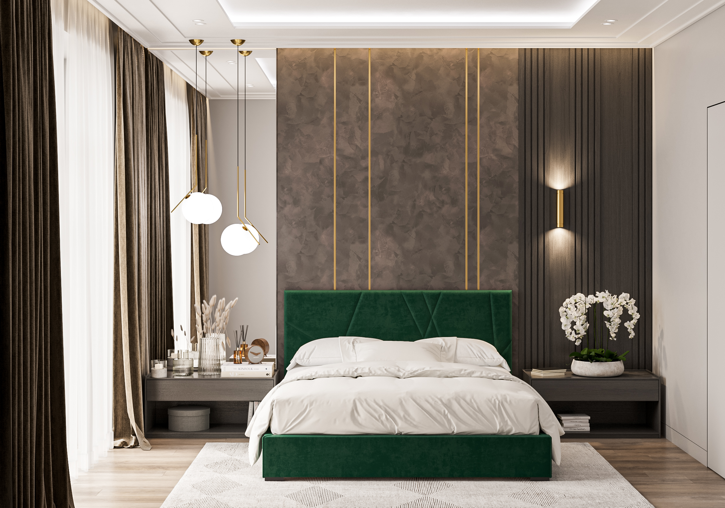 Ciemnozielone łóżko tapicerowane z pojemnikiem Blum - aranżacja w eleganckiej sypialni