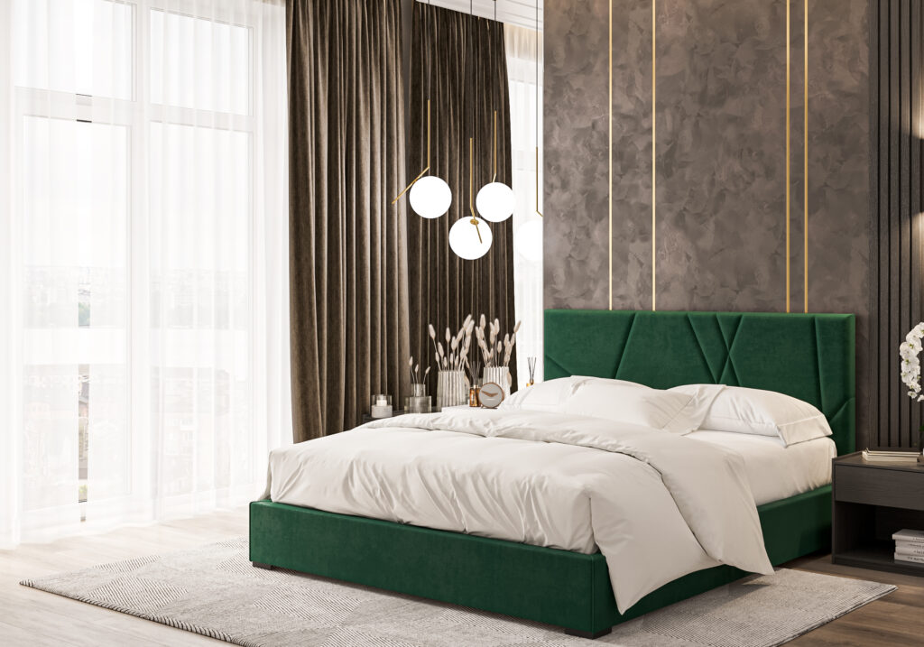 Ciemnozielone łóżko tapicerowane z pojemnikiem Blum - aranżacja w eleganckiej sypialni