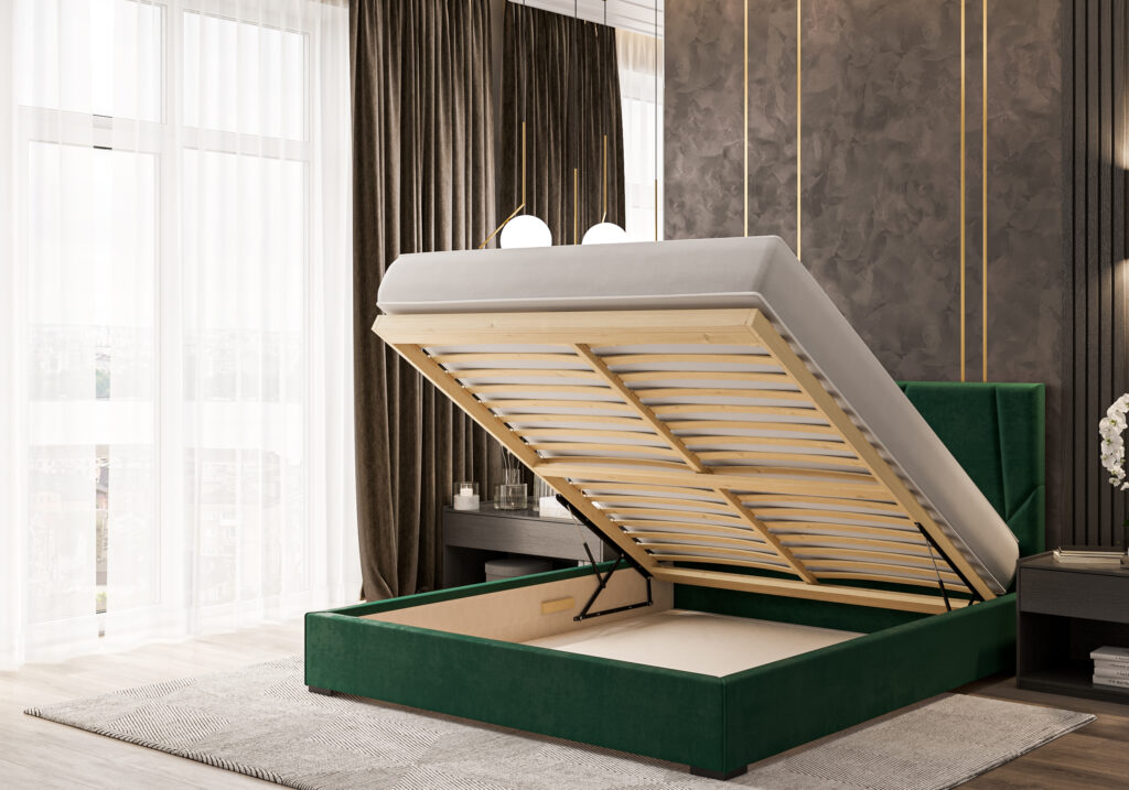 Ciemnozielone łóżko tapicerowane z pojemnikiem Blum - aranżacja w eleganckiej sypialni, rozłożone