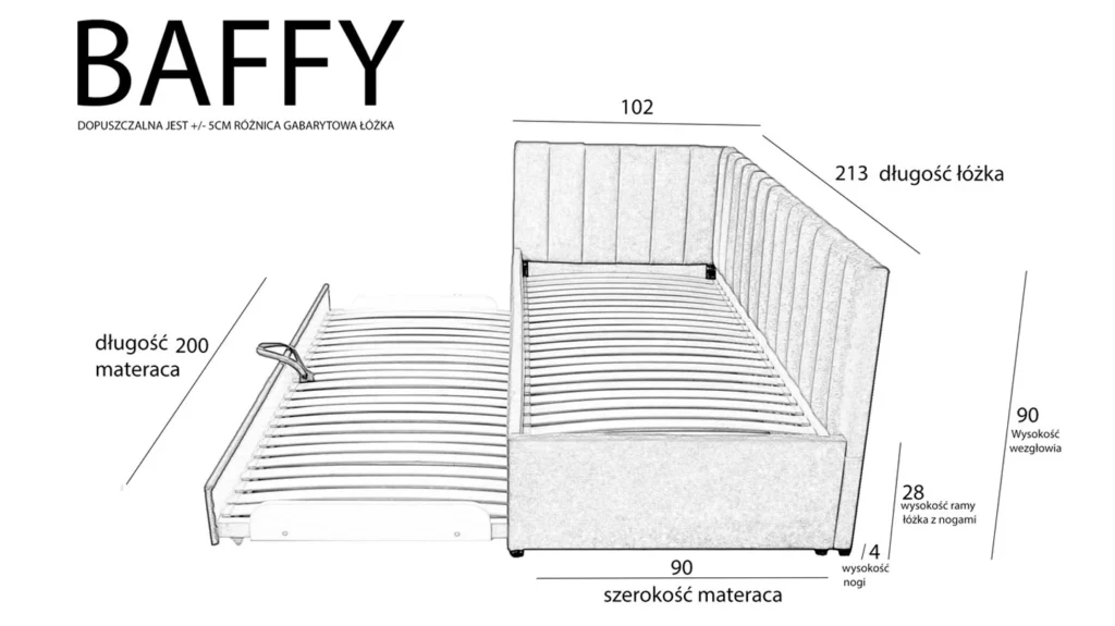 Łóżko dziecięce Baffy z dostawką - wymiary