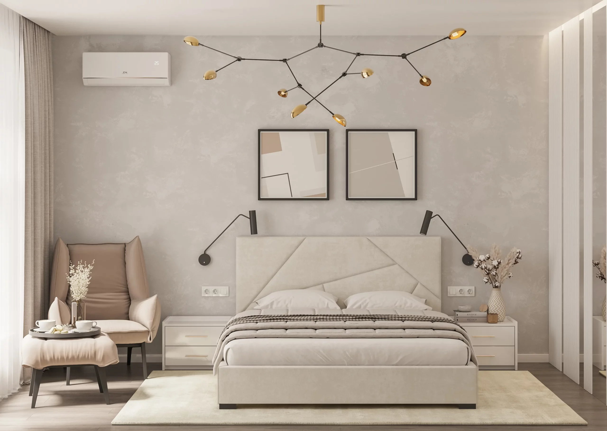 Łóżko tapicerowane z pojemnikiem Easy - aranżacja w stylu japandi