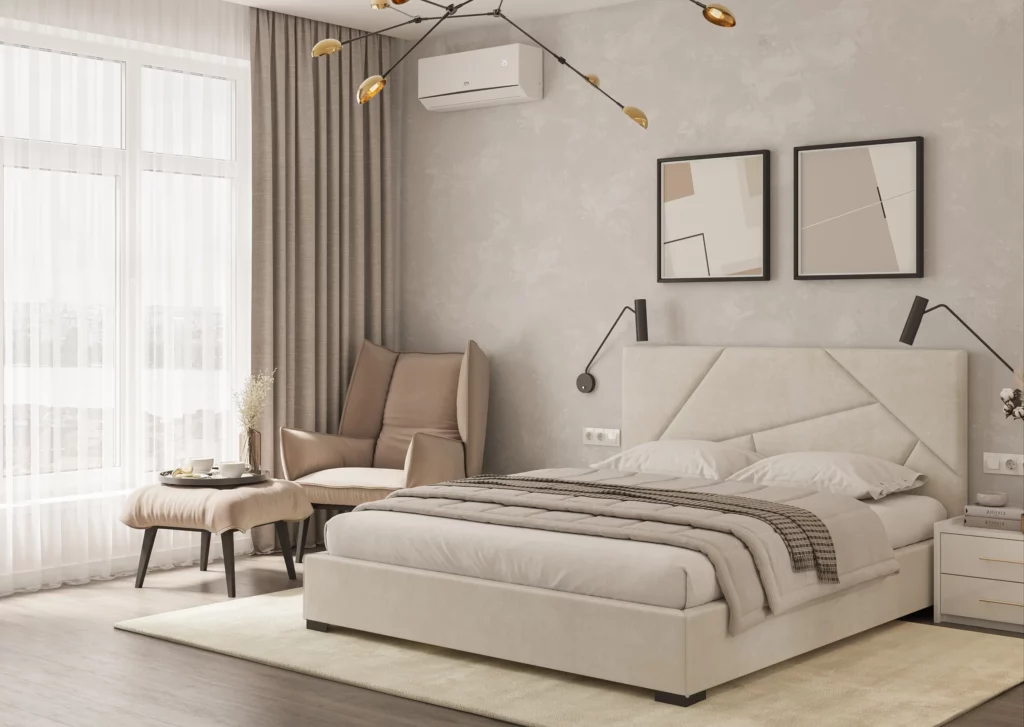 Łóżko tapicerowane z pojemnikiem Easy - aranżacja w stylu japandi