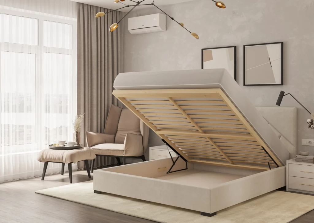 Łóżko tapicerowane z pojemnikiem Easy - widok z otwartym pojemnikiem