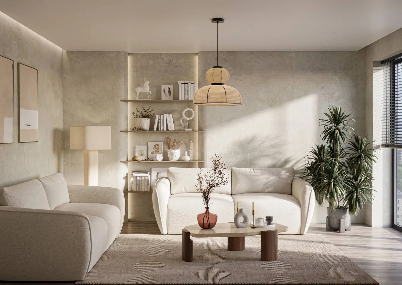 Aranżacja - beżowy salon w stylu Japandi z rozkładaną sofą Klover