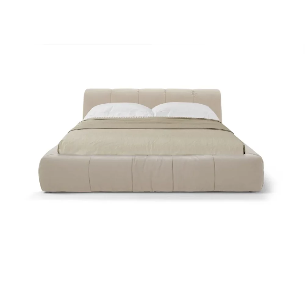 Beżowe łóżko tapicerowane "Bonny" w stylu Japandi - widok z przodu