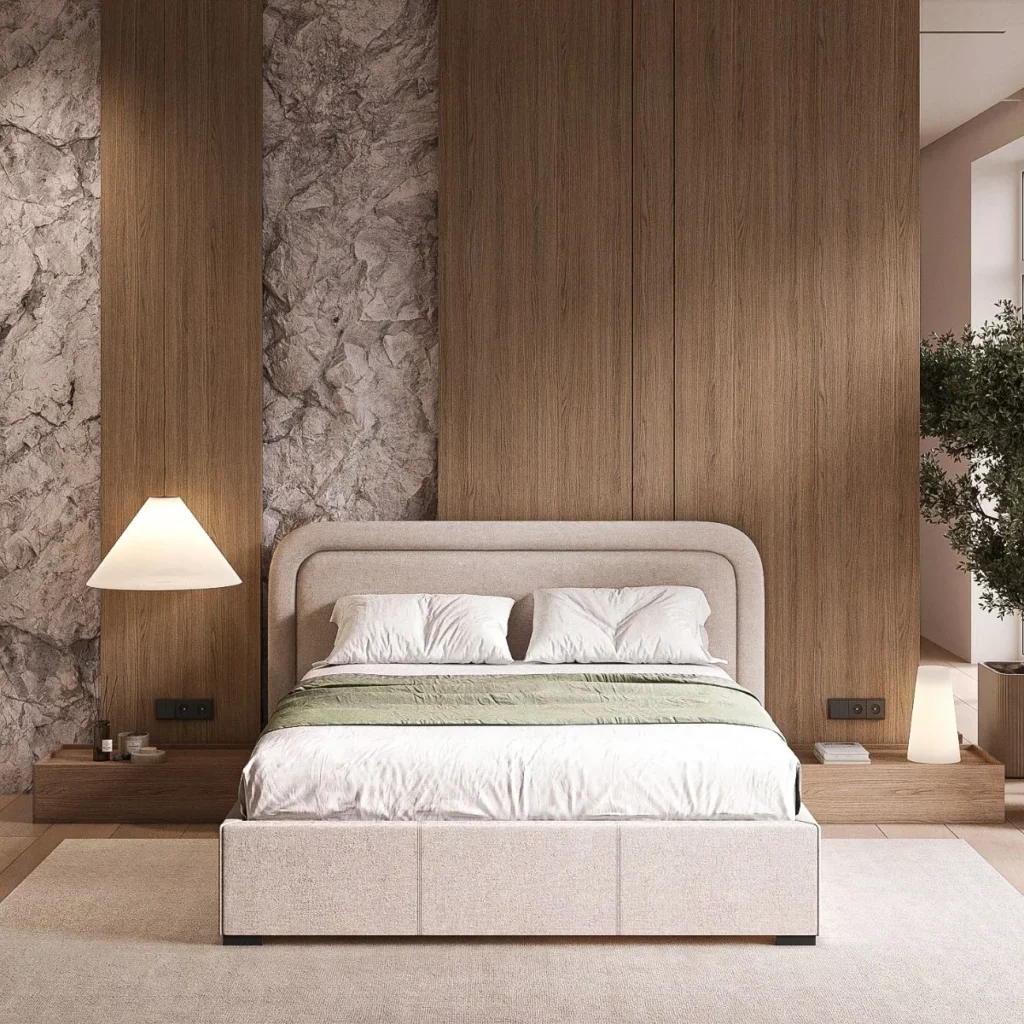 Łóżko Emma tapicerowane styl japandi