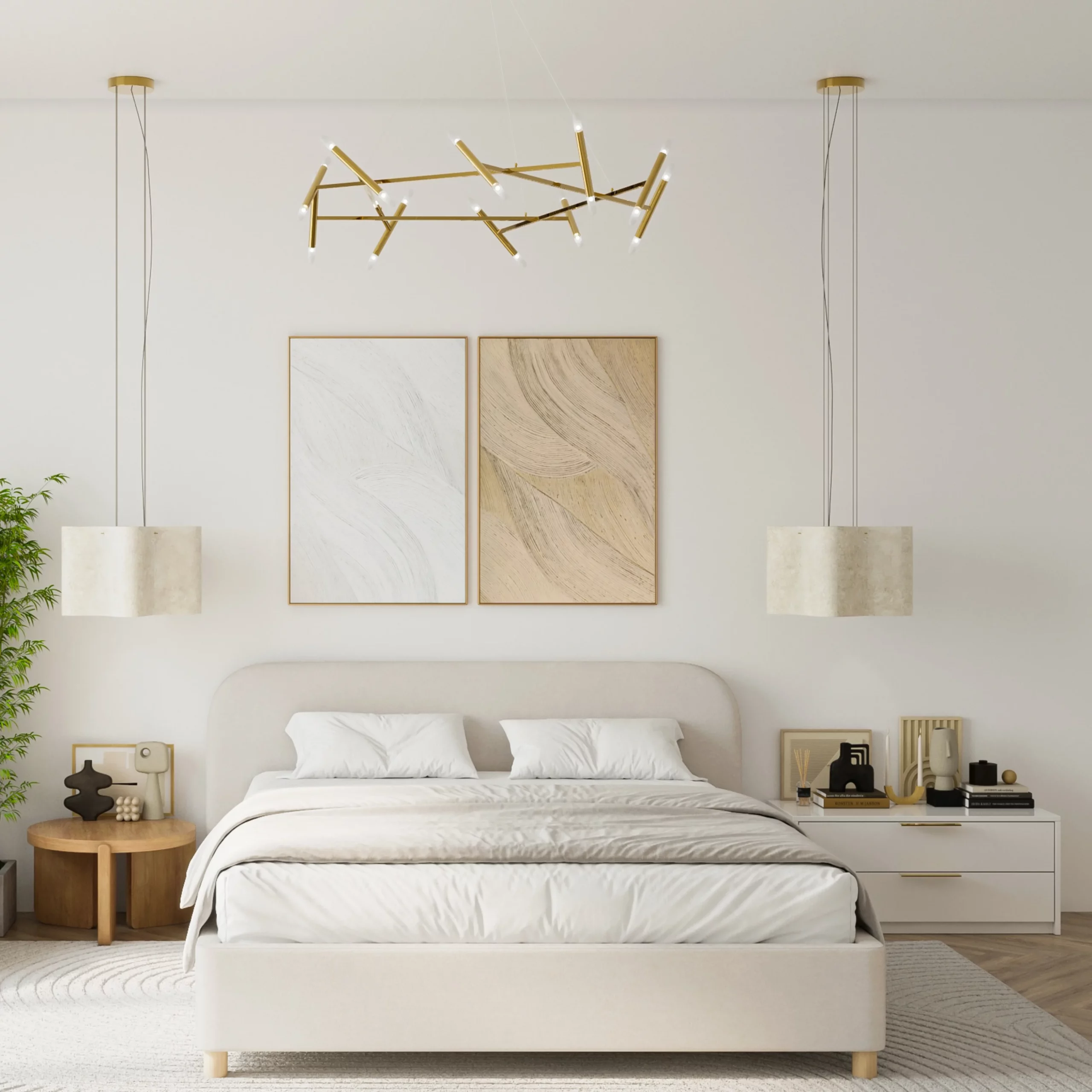 Łóżko tapicerowane Milu Styl Japandi - aranżacja z jasną sypialnią