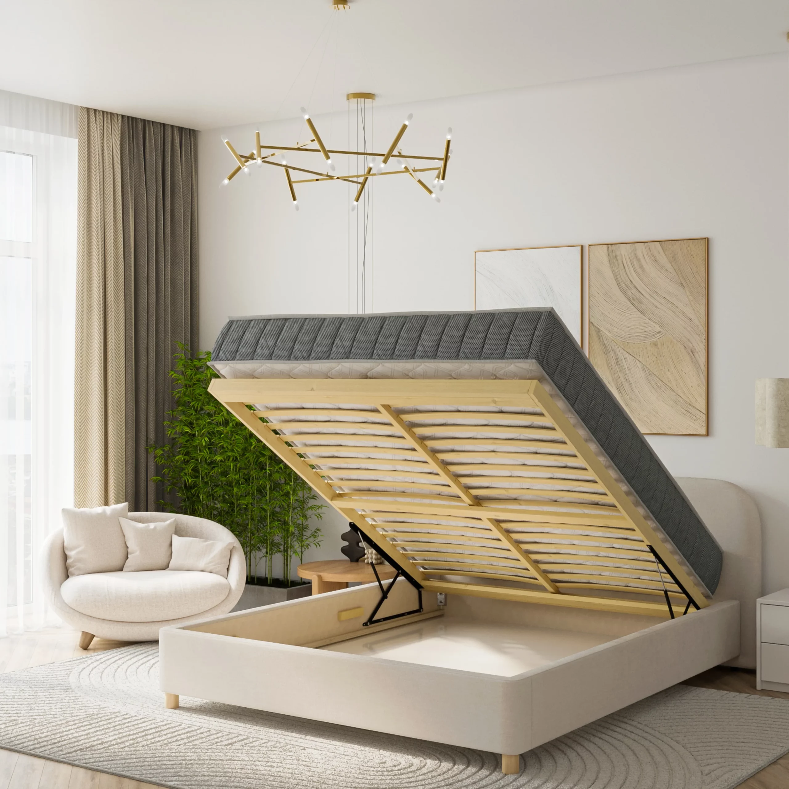 Łóżko tapicerowane Milu Styl Japandi - widok z rozkładanym pojemnikiem