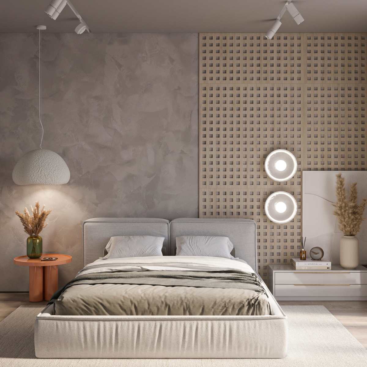 Sypialnia w stylu japandi - aranżacja z łóżkiem tapicerowanym beż