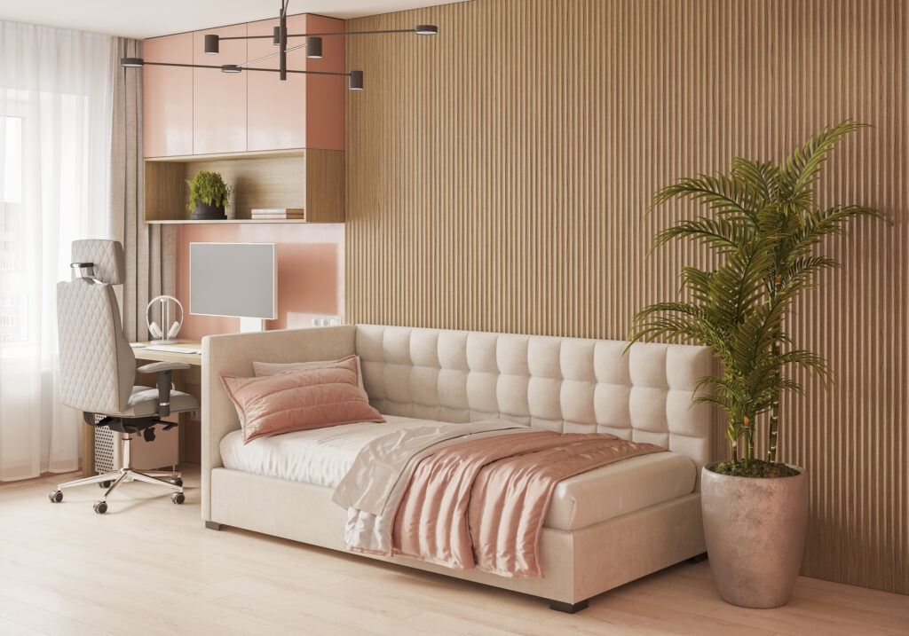 Dziecięce łóżko tapicerowane Dora beżowe aranżacja sypialni dziecka z różem