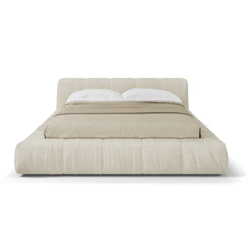 Beżowe łóżko tapicerowane z pojemnikiem i zagłówkiem "Bonny"