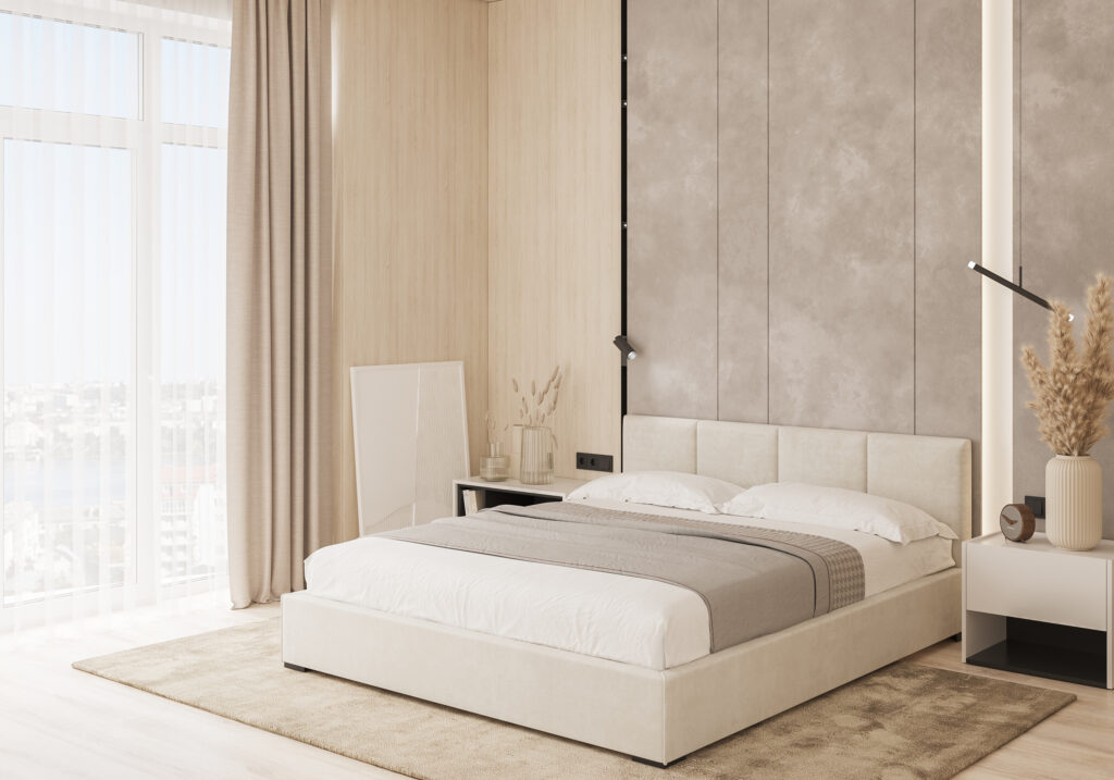 Tapicerowane łóżko z pojemnikiem Fabio, beż - widok w jasnej sypialni z elementami drewna