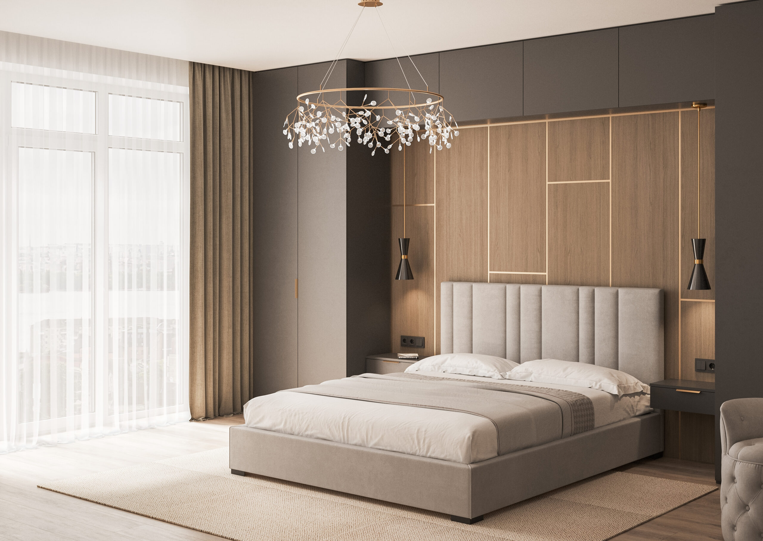 Aranżacja nowoczesnej sypialni z oświetleniem - łóżko tapicerowane Kristian