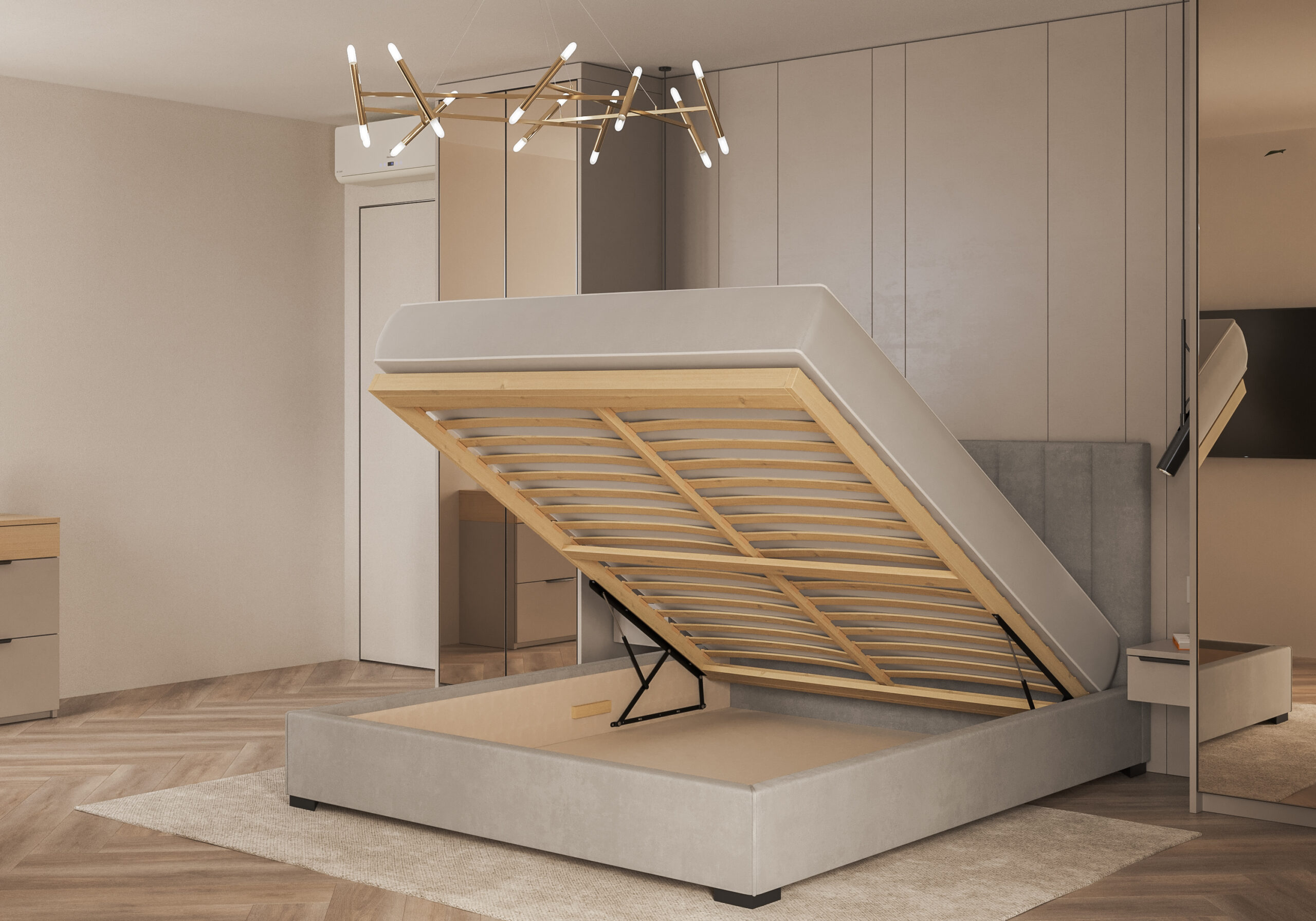 Łóżko tapicerowane z pojemnikiem Amelia - otwarte