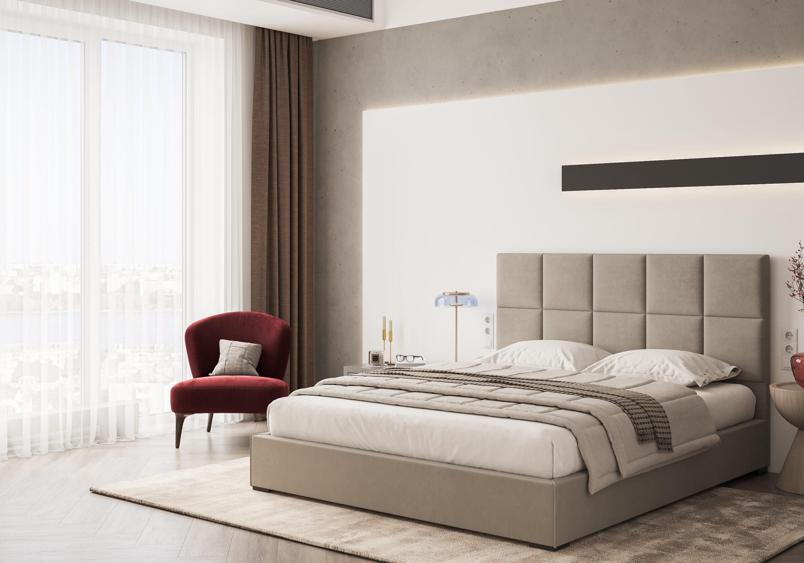 Łóżko tapicerowane z pojemnikiem i zagłówkiem - aranżacja jasnej sypialni w stylu nowoczesnym