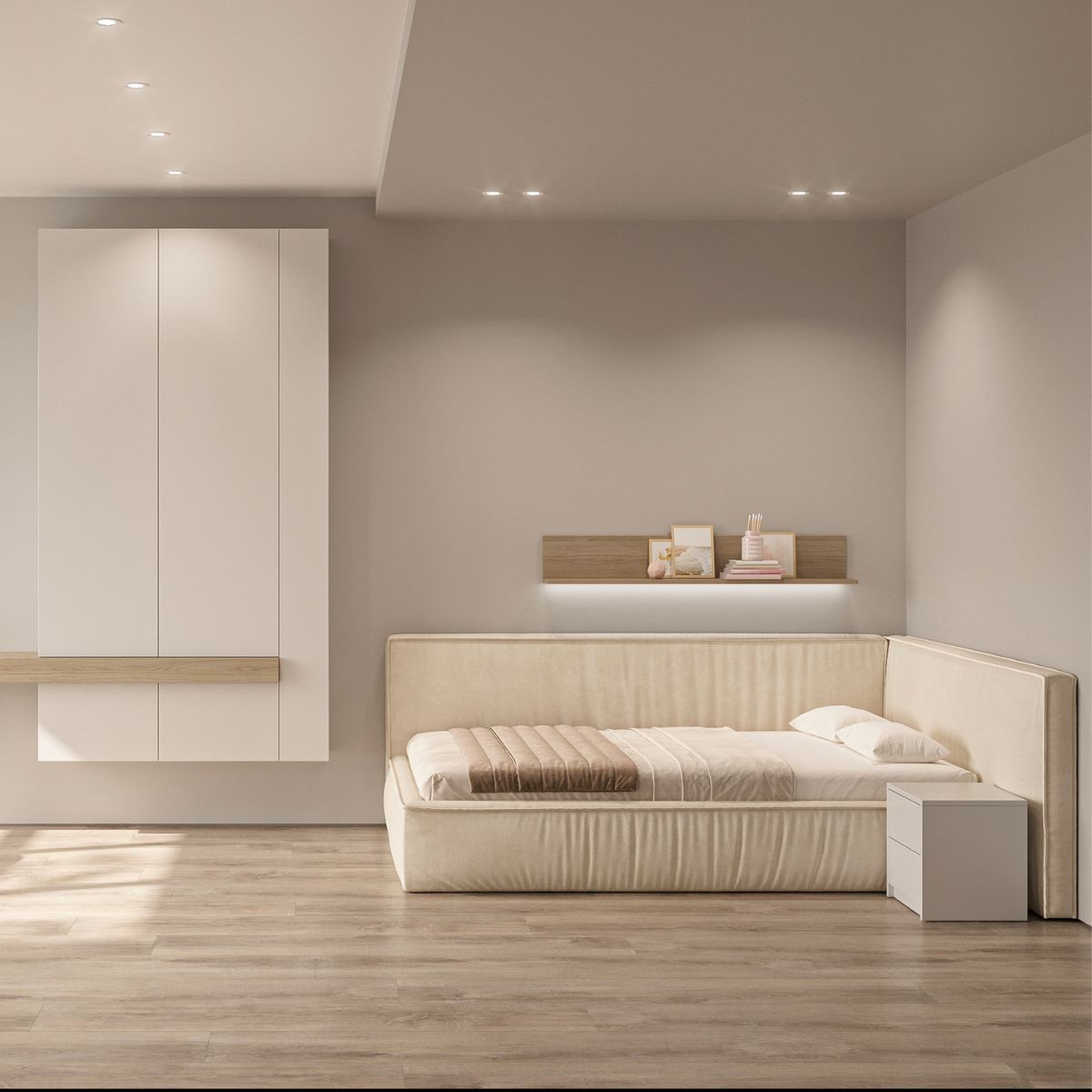 Łóżko dziecięce narożne Resoft - aranżacja jasna beżowa sypialnia dziecięca