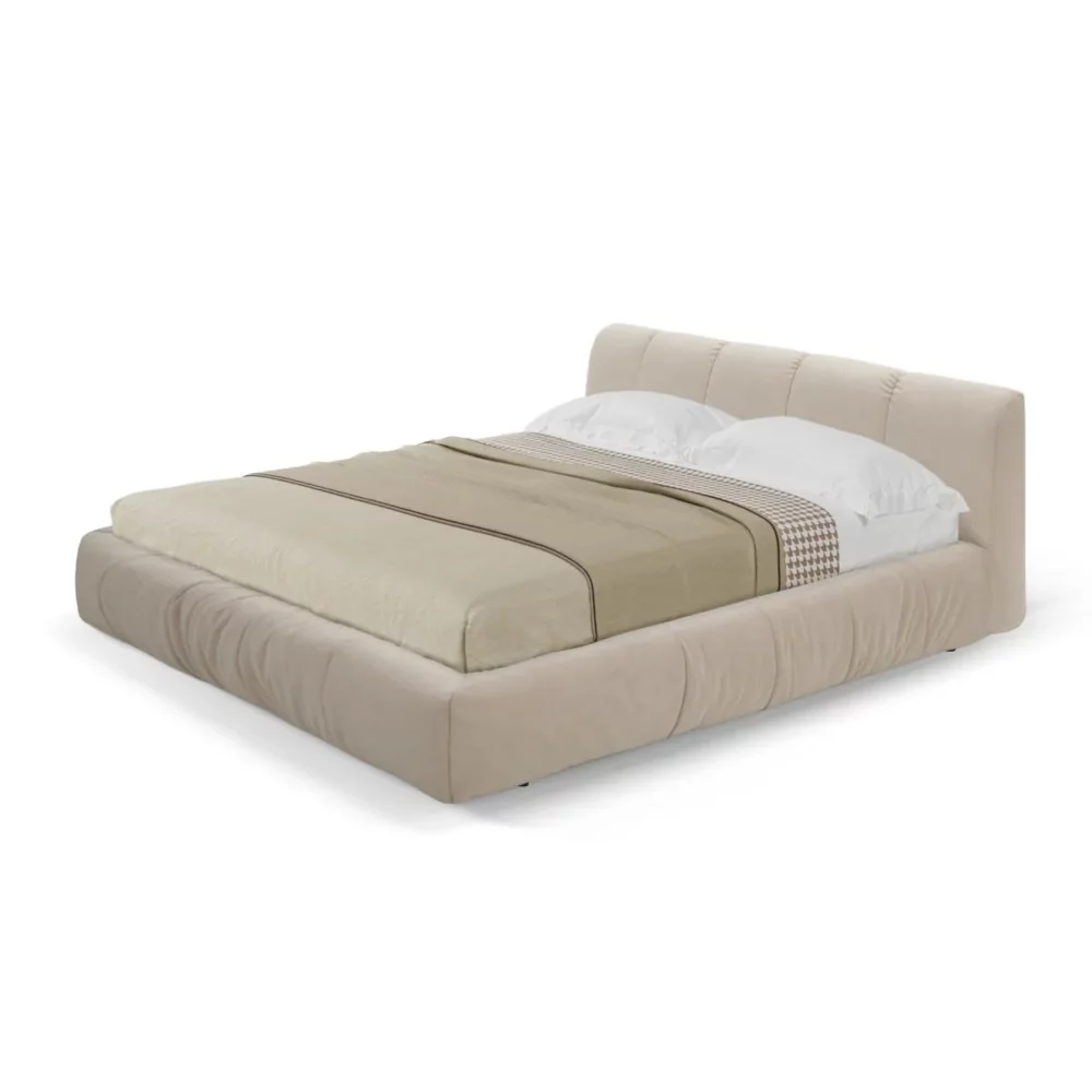 Beżowe łóżko tapicerowane z pojemnikiem i zagłówkiem "Bonny"