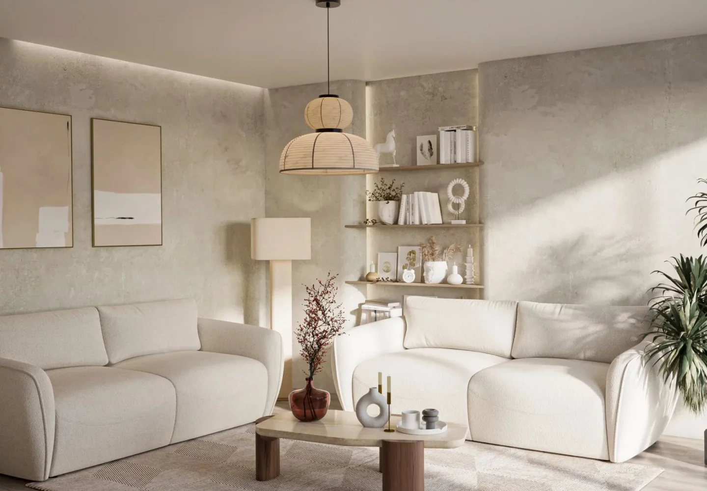 Aranżacja - beżowy salon w stylu Japandi z rozkładaną sofą Klover