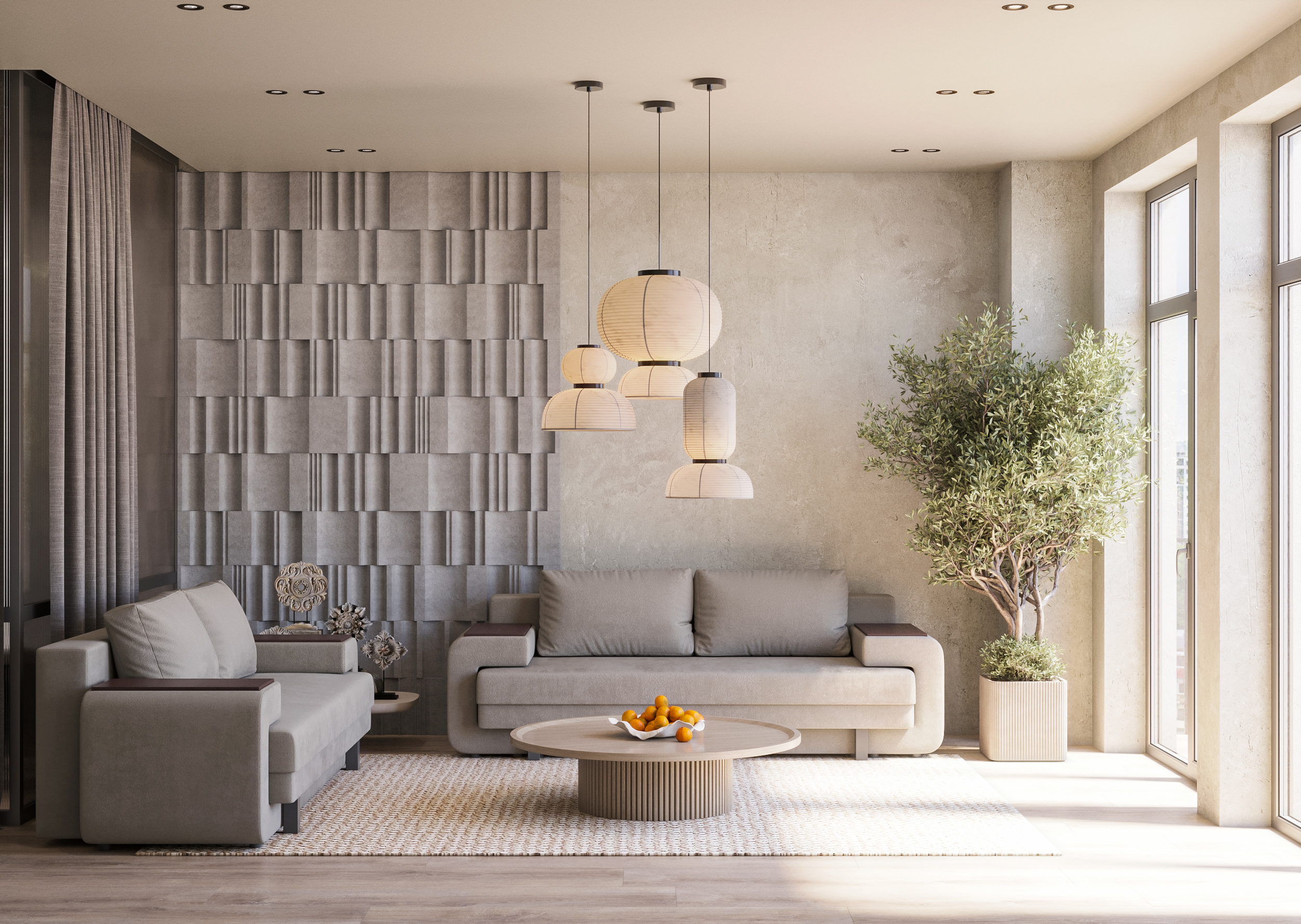 Aranżacja - pokój gościnny w stylu japandi z rozkładaną sofą