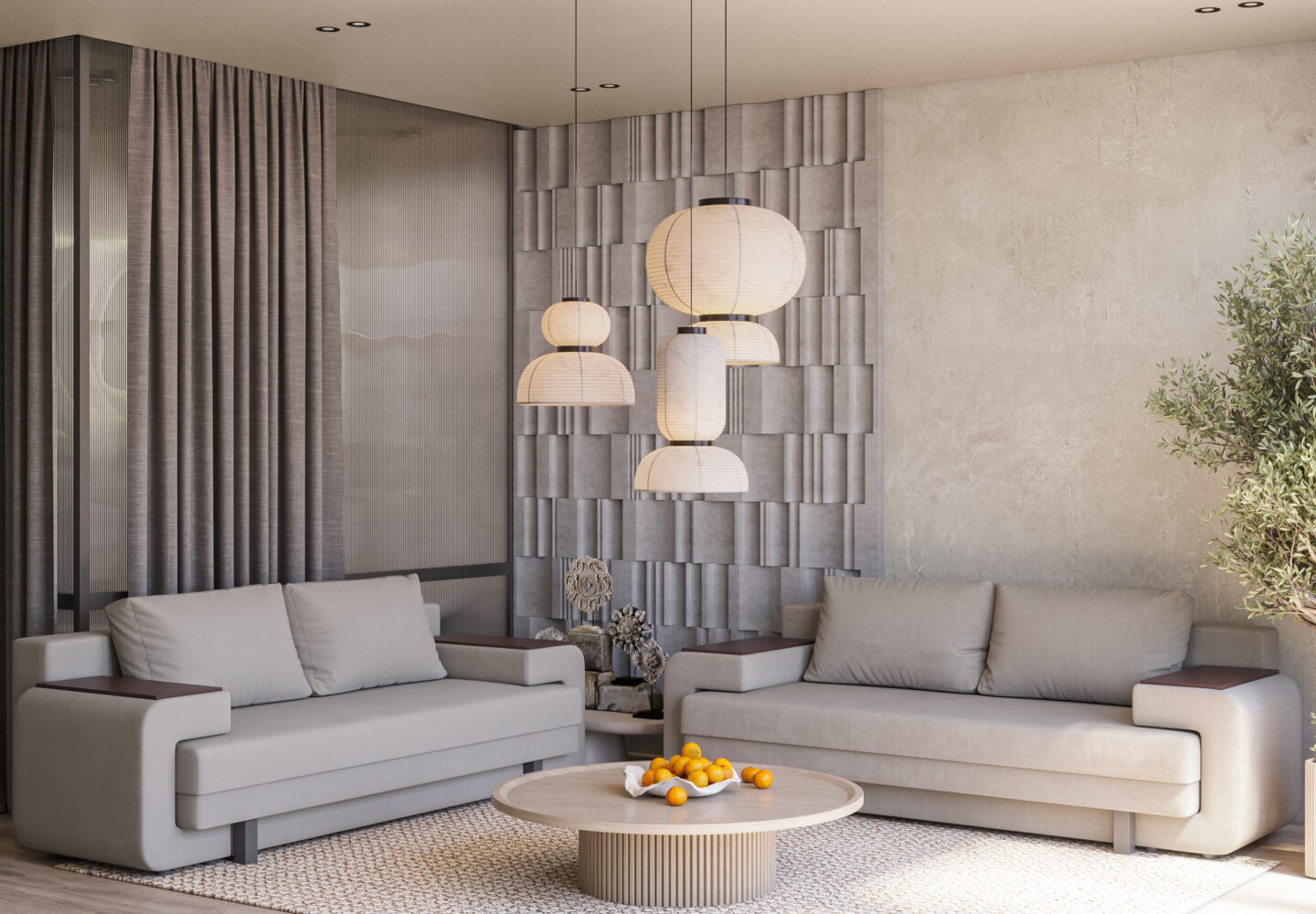 Pokój dzienny w stylu Japandi, aranżacja