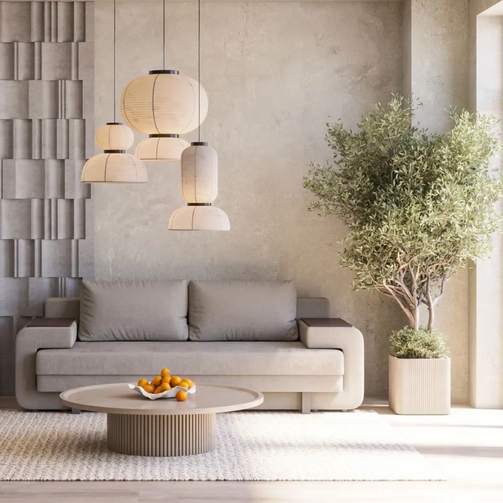 Aranżacja z sofą rozkładaną w stylu japandi