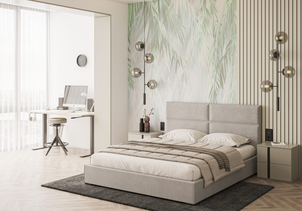 Łóżko tapicerowane z pojemnikiem Light - jasny szary - aranżacja nowoczesnej sypialni z motywem natury