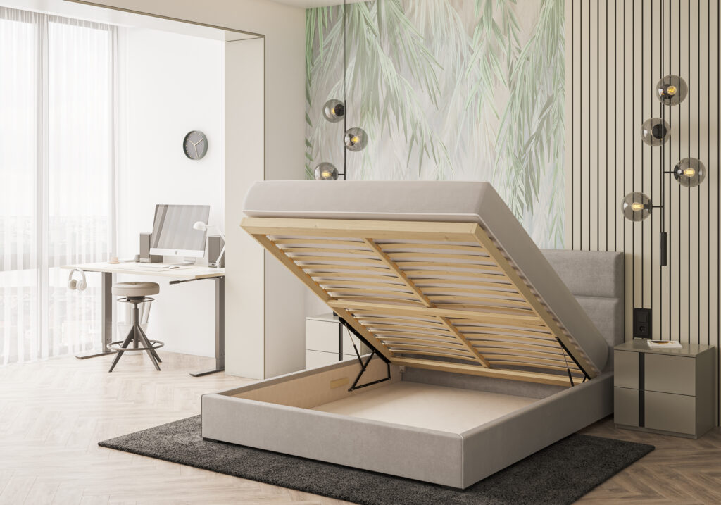 Łóżko tapicerowane z pojemnikiem Light - jasny szary - rozkładane