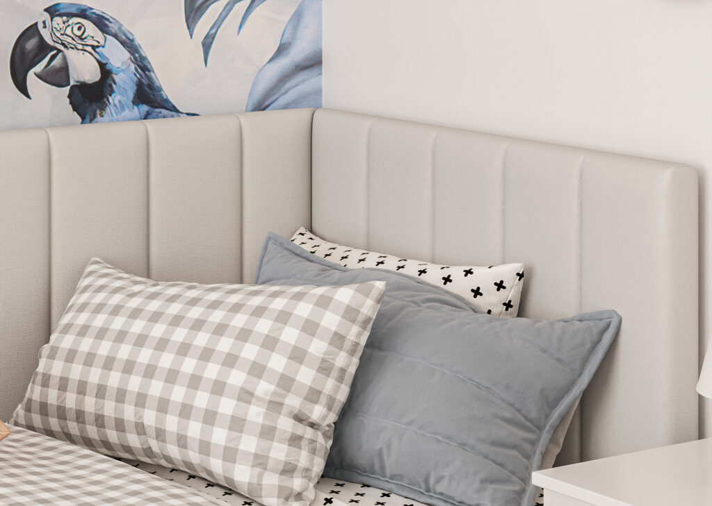 Beżowe łóżko dziecięce Mia z pojemnikiem, zagłówek