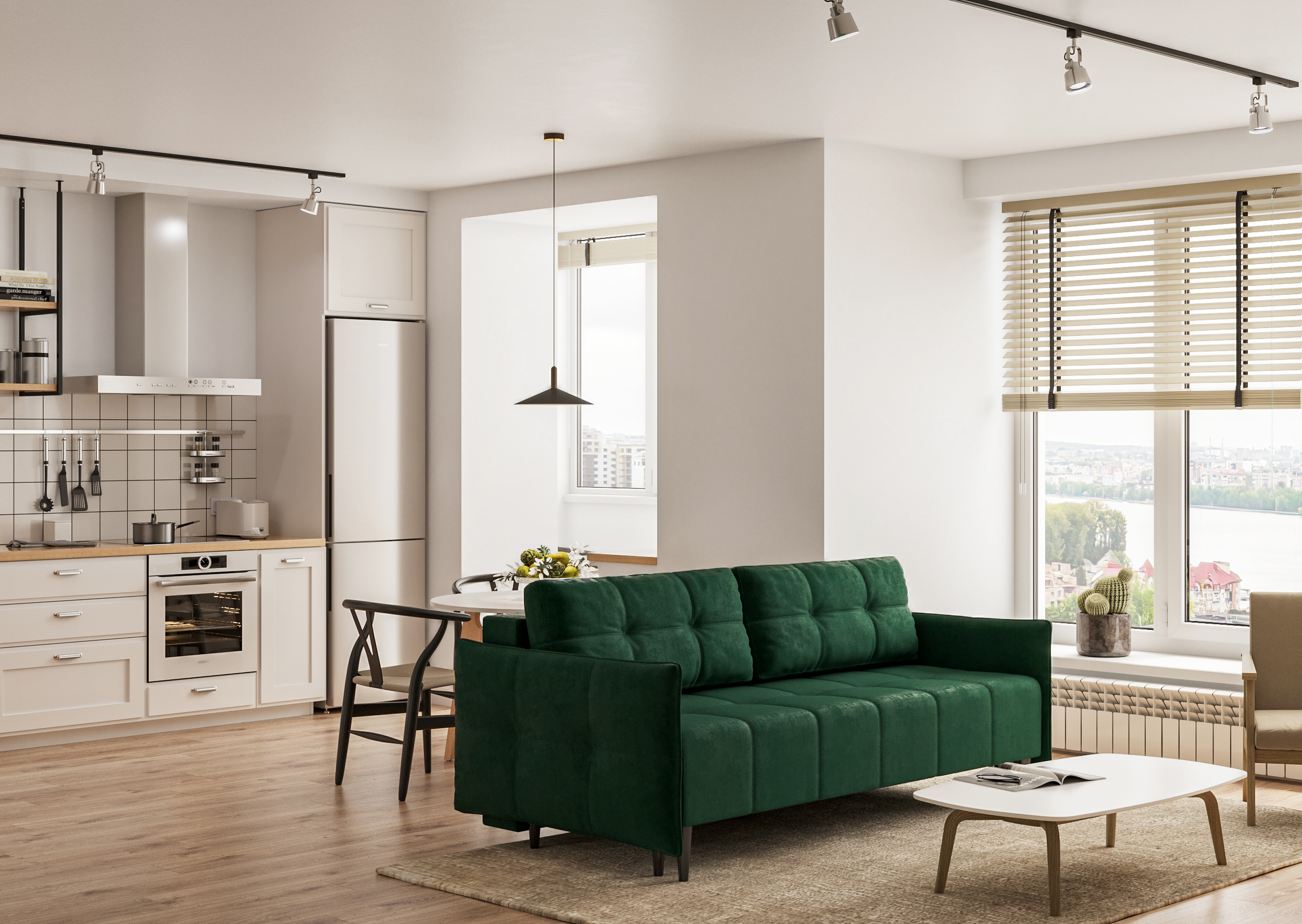 Ciemnozielona sofa rozkładana z pojemnikiem Den