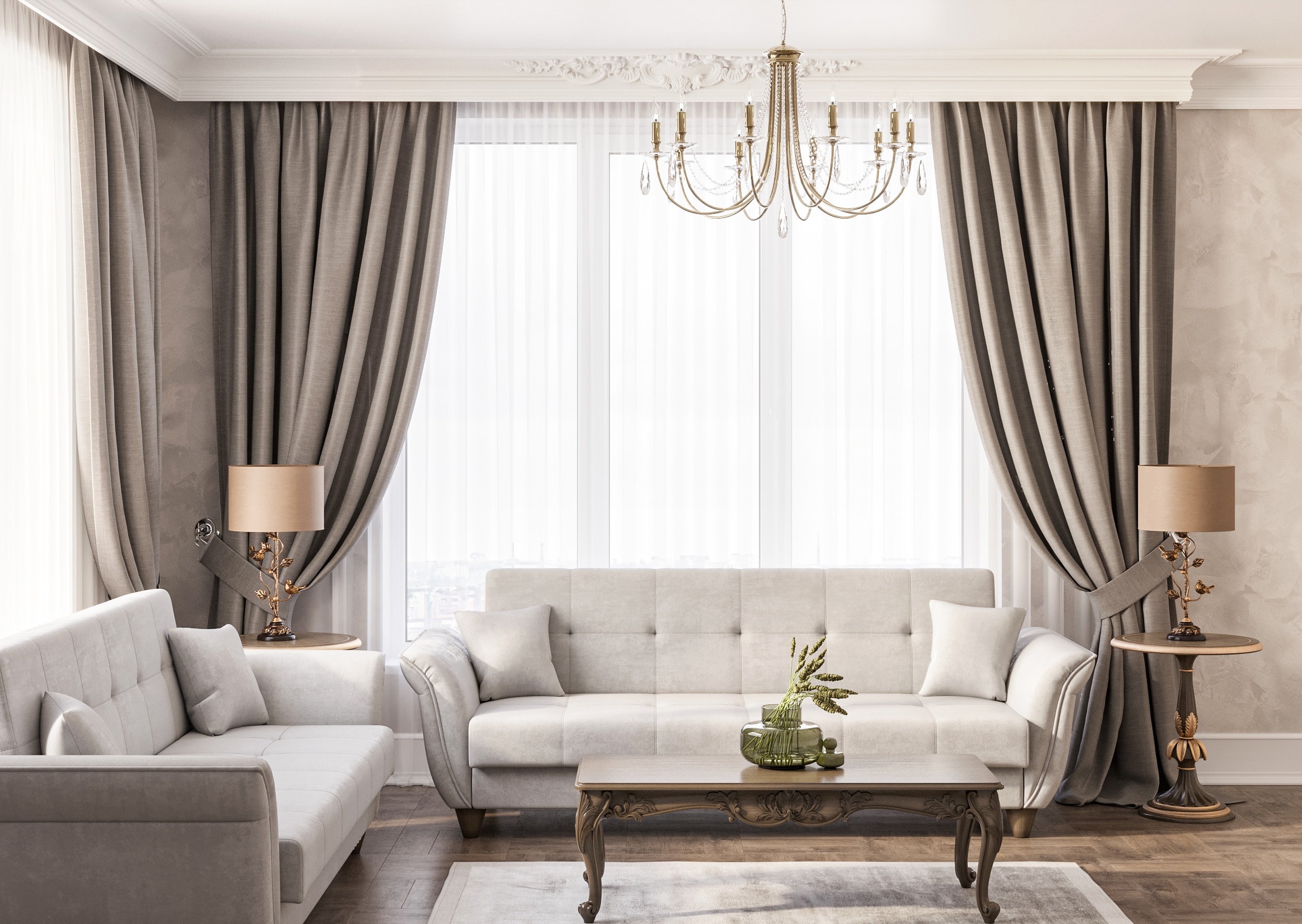 Pikowana rozkładana sofa Romantic - aranżacja salonu w beżu i szarym z zasłonami